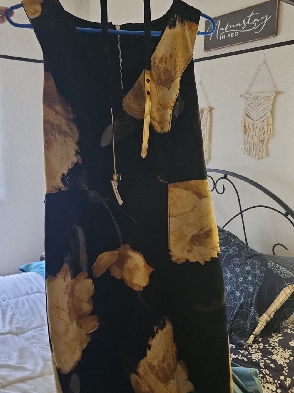 White House Black Market Black Midi Dress with Mustard Floral Print